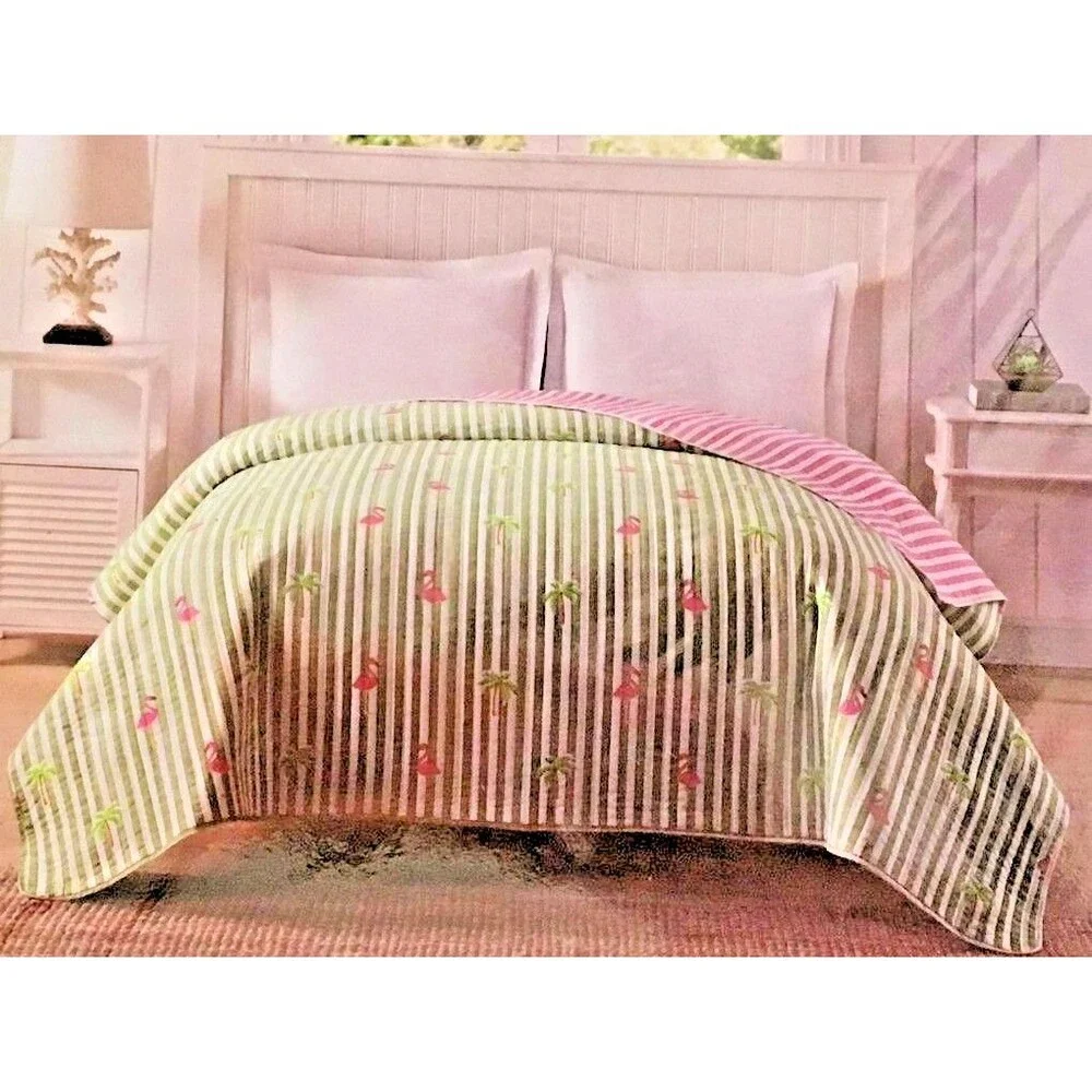 Flamingo Twin Quilt Summer Comforter Palm Tree Tropical Beach House Reversible